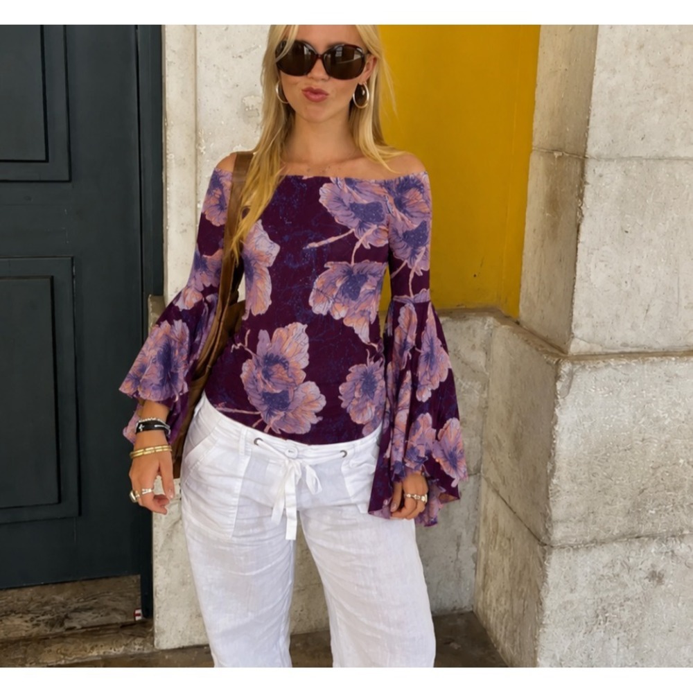 Free People Off Shoulder Top S Disco Belle Sleeves Mauve Floral Euro Boho Fairy